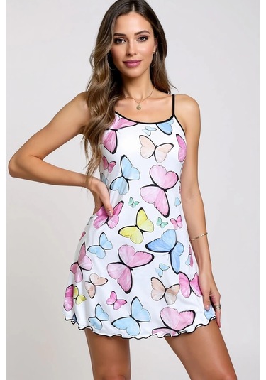 Renkli Kelebek Desenli Askılı Kadın Gecelik Renkli