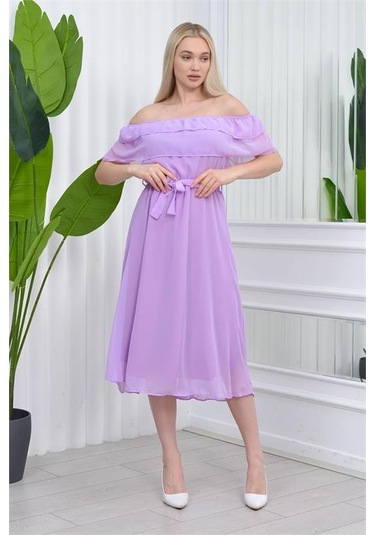 Neşeli Butik Kadın Carmen Yaka Astarlı Şifon Elbise Ry8060 - Lila Lila