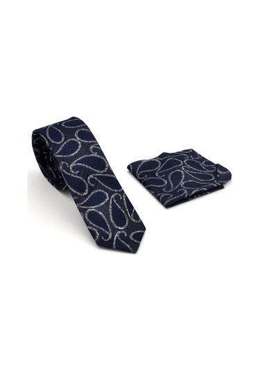 Füme Gri Şal Desenli Lacivert Dokuma Kumaş Mendilli Slim Fit Kravat // SDK-240112 Lacivert