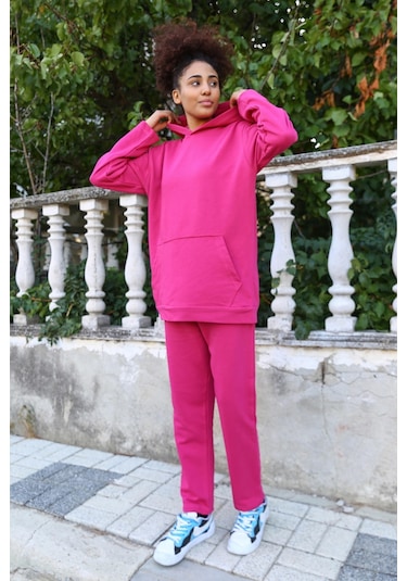Akbeniz Kadın Pamuk Kapşonlu Cepli 3 İplik Fuşya Eşofman Takım 9037-fuşya Fuşya