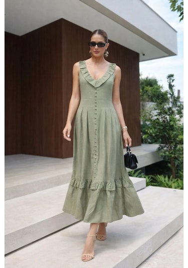 Asprinfashion V Yaka Önü Süs Düğmeli Keten Elbise Haki