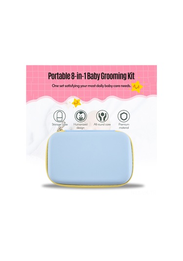 Vkemall Bebek Bakım 8'li Set: Tırnak Kırıcı, Fırça, Tarak, Burun Emici, Parmak Fırçası, Elektronik Termometre + Depolama Kutusu Mavi