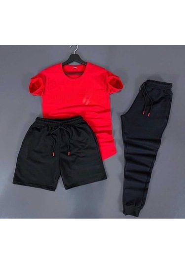 3'lü Slim Fit Unisex Tshirt - Şort - Eşofman Kombin Kırmızı Düz Kırmızı - Siyah