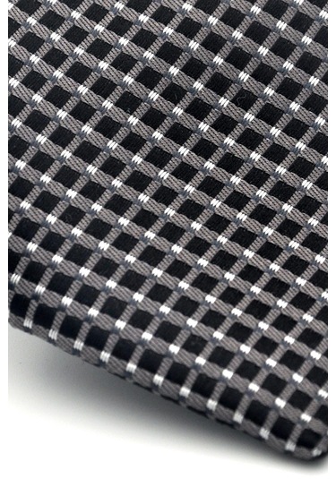 Beyaz Küçük Kare Desenli Füme Dokuma Kumaş Mendilli Slim Fit Kravat // Sdk-2511-6 Füme