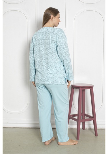 %100 Pamuklu Uzun Kollu Boydan Düğmeli Büyük Beden Kadın Pijama Takımı 206 Yeşil