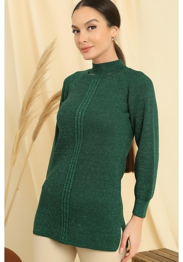 Boyun Dekolteli Saç Örgülü Desen Büyük Beden Spor Tunik Kazak-35299 - Yeşil