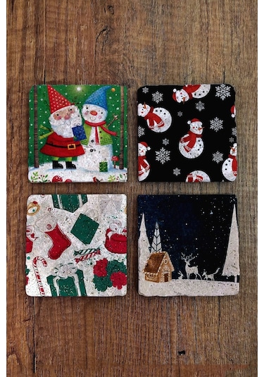 Yeni Yıl - Yılbaşı Doğal Taş Bardak Altlığı Uv Baskılı 4'lü Set - Christimas Çok Renkli