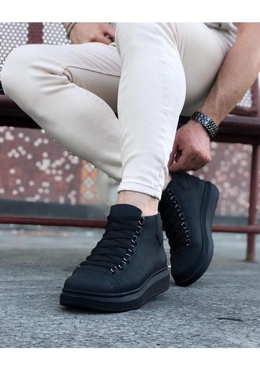 Wg032 Kömür Bağcıklı Sneakers Yarım Bilek Bot Renklı