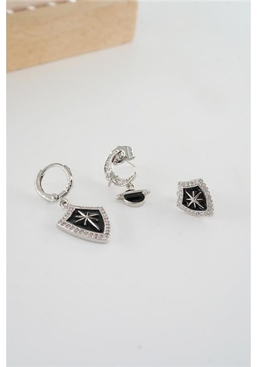 Kadın Vip Seri Antialerjik Baget Zirkon Taşlı 3'lü Küpe-5433 Gümüş