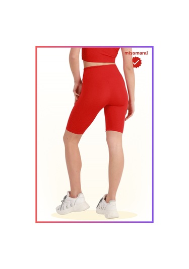 Kadın Yüksek Bel Toparlayıcı Tayt Kısa Spor Şort Deniz Havuz Spor Biker Shorts Kırmızı 1070 Kırmızı