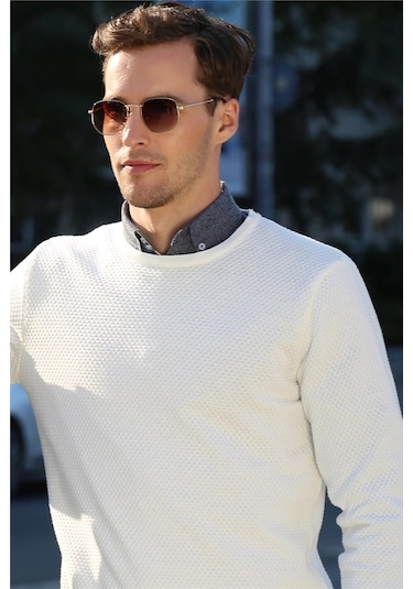 Tudors Slim Fit Dar Kesim Bisiklet Yaka Petek Desenli Erkek Kazak-14927 Beyaz