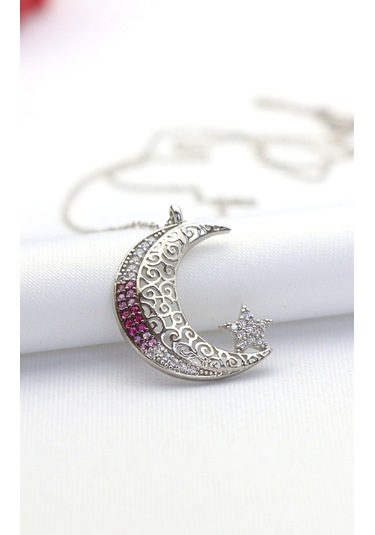 Pembe Nano Taşlı Ay Yıldız Gümüş Kolye