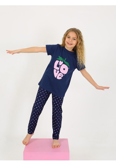 Kız Çocuk Kısa Kollu %100 Pamuklu Pijama Takımı Cute Love Lacivert