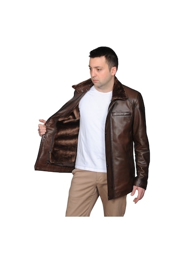 Derije Owen Hakiki Deri Erkek Kürklü Kestane Karartma Ceket-Mont-Kaban