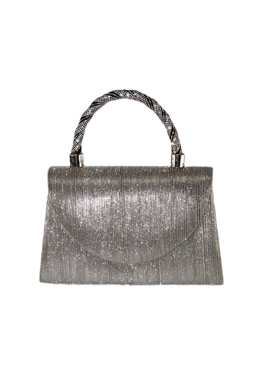 Lazer Kumaş Platin Abiye Çanta Taşlı Kadın Abiye Çanta Abiye Çanta Metalik Gri El Düğün Çantası