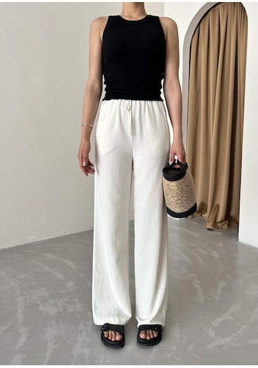 Taş Beli Lastikli Pamuklu Keten Pantolon Taş