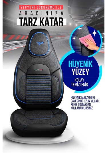 Füme - Mavi Panda Enzo Serisi Keten Kumaş Oto Koltuk Kılıfı - Tam Set