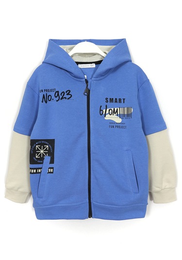 Ön Ve Arkası Baskılı Cepli Erkek Çocuk Kapüşonlu Hırka Mavi 1994