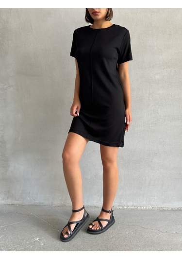 Kadın Bisiklet Yaka Soft Touch Elbise Siyah