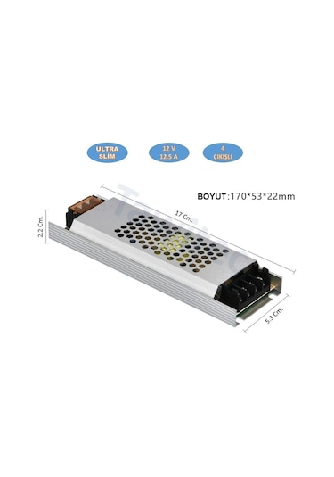 12 Volt Trafo Ultra Silim Alüminyum Kasa Adaptör 4 Çıkış 12.5 A