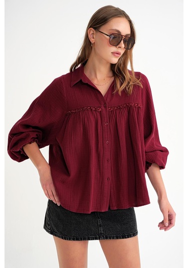 4677 Kadın Dantel Detaylı Müslin Gömlek Bordo Bordo