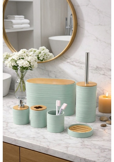 Makri Home 6 Parça Su Yeşili Banyo Seti, Bambu Detaylı, 8l Çöp Kovası 24x26x16 Cm Mint Yeşili