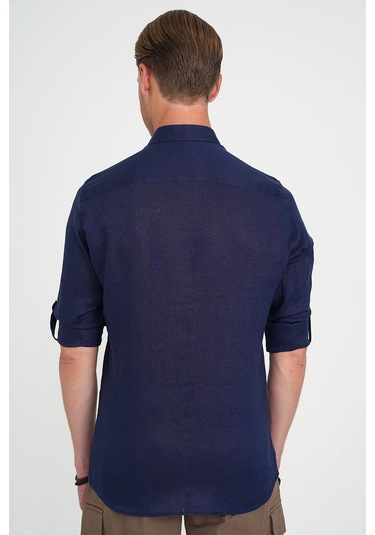 Comfort Fit Düğme Yaka Katlanır Kol %100 Keten Düz Lacivert Gömlek G 1595 Lacivert