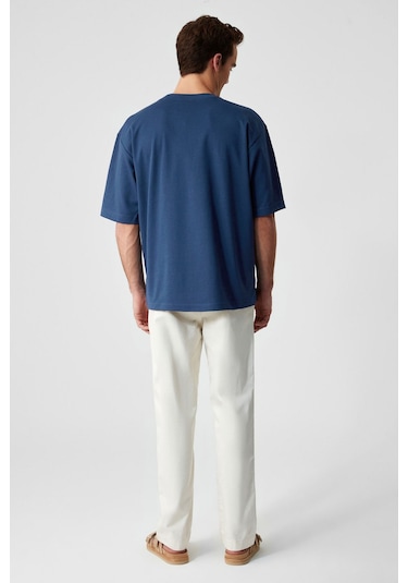 GRIMELANGE Solo Erkek %100 Organik Pamuklu Kalın Dokulu Comfort Fit Bisiklet Yakalı Navy T-shirt NAVY