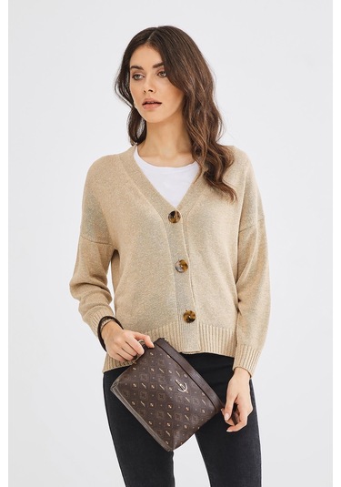 Deri Company Kadın Basic Clutch Çanta Monogram Desenli Logolu Kahverengi Taba (4010K) 214009 Kahverengi - Taba