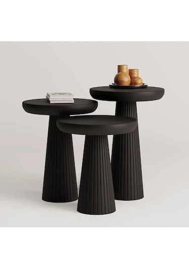 3 Lü Siyah Set Kalın Fitilli Mantar Yan Sehpa Modern