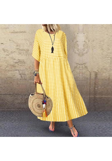 Zanzea Bayan Kareli Ekose O Yaka Günlük Gevşek Uzun Elbise Sarı