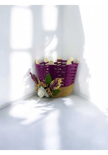 Hasır Takı Organizer El Yapımı Sepet Makyaj Kutusu Komodin Üstü Banyo Sepeti Mor