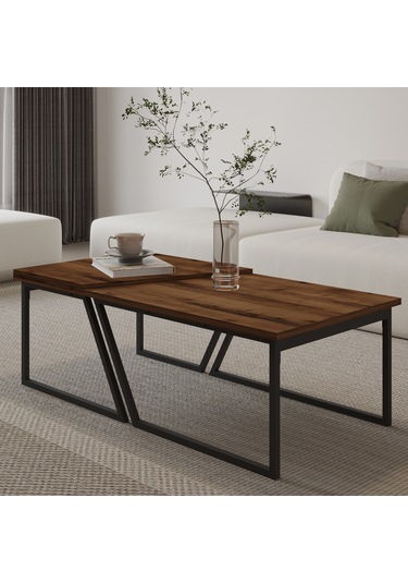 Verona İkili Orta Sehpa Modern Tasarım Metal Ayaklı Sehpa Seti Antik Ceviz