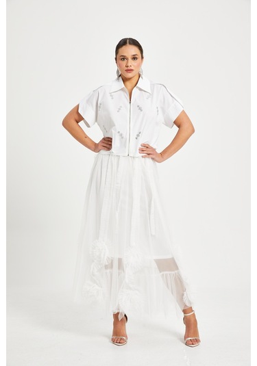 Kadın Tül Detaylı Uzun Etek Astarı Elastan Karışımlı, Özel Tasarım Beyaz