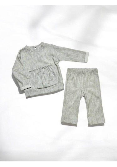 Kız Bebek Kanguru Cep Detaylı Pantolonlu Takım-14895 Gri