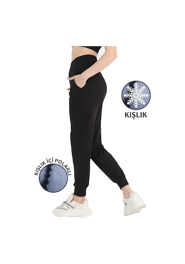 Kadın Siyah Yüksek Bel Jogger Eşofman Altı Polarlı Kışlık Cepli Joggers 1062 Siyah