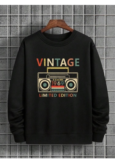 Unisex Siyah Vintage Kaset Baskılı Siyah Bisiklet Yaka Oversize Sweatshirt Siyah