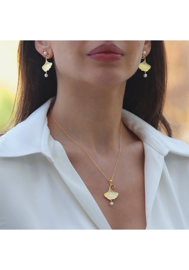 İstiridye İncili Sarkıt Gold Gümüş Set Gümüş