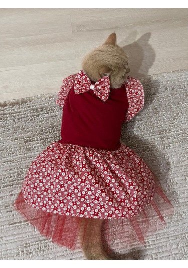 Gobo Çiçek Desenli Papyonlu Kedi Köpek Kıyafeti Elbisesi