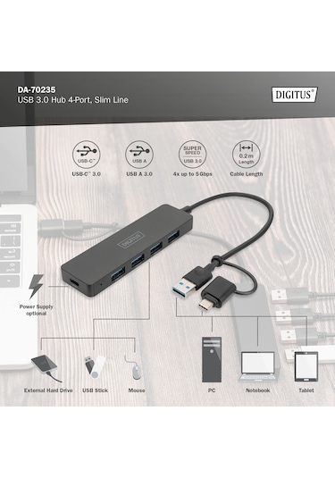 Usb 3.0 Hub, 4 Port, Slimline Usb-c Adaptörlü, 5gbps, 0,2 M Ka...