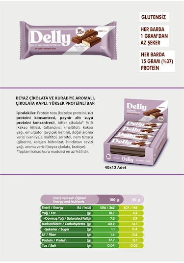 Delly Beyaz Çikolata & Kurabiye Aromalı Yüksek Proteinli Bar 12 x 40 G