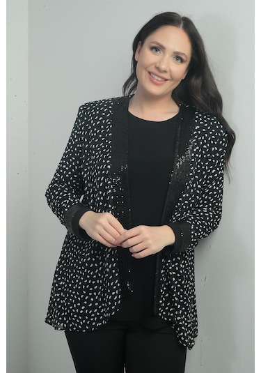 Kadın Uzun Kollu Bluz Önü Kol Uçları Pulpayet Puantiyeli Şifon Ceket Büyük Beden 2'li Takım-40890 Siyah