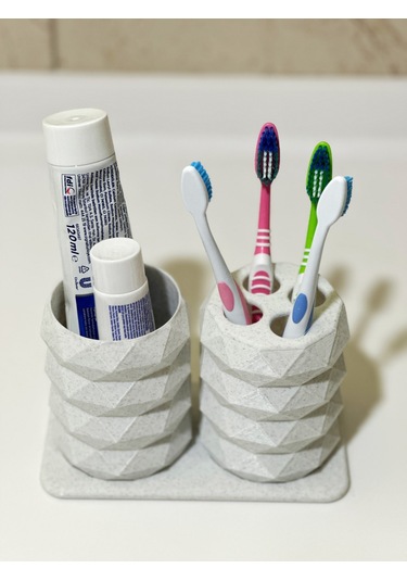 Modern Tasarım Ve Şık Diş Fırçalık Seti - Mermer Beyaz - 17cm Beyaz - Mermer