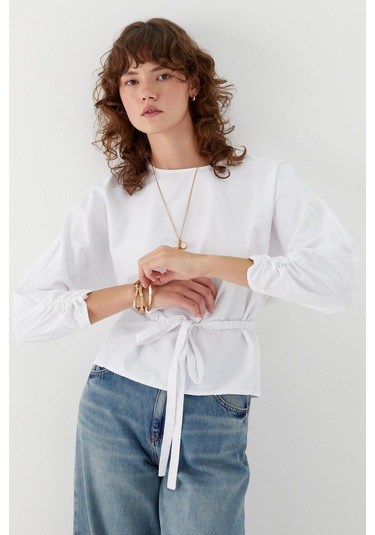 Büzgü Manşetli Kuşaklı Bluz Beyaz Beyaz