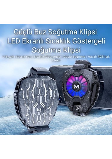 Polham 7500rpm Buz Tipi Radyatörlü Led Işıklı Telefon Soğutucu Fan, Sıcaklık Göstergeli Sessiz Soğutucu