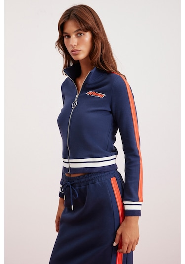 Anıta Kadın Örme Slim Fit Parça Baskılı Dik Yaka Lacivert Ceket