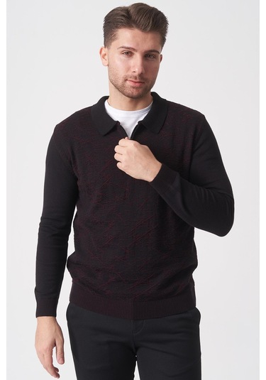 White Stone Porto Alegre 2024-32 Slim Fit Fermuarlı Pamuklu Venezia Triko Siyah-bordo Siyah/bordo Siyah - Bordo