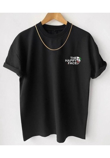 Hırsch Unisex Oversize Siyah Bisiklet Yaka The Happy Face Baskılı T-shirt SIYAH