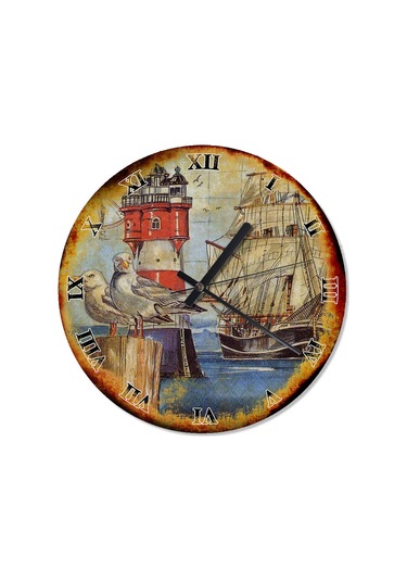 Eski Zeminde Gemi Martlar Ve Deniz Feneri Duvar Saati Çok Renkli