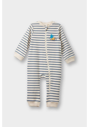 Defacto Erkek Bebek Yenidoğan Fitilli Kaşkorse Fermuarlı Çizgili Uzun Kollu Tulum F4659a525auer233 Ekru